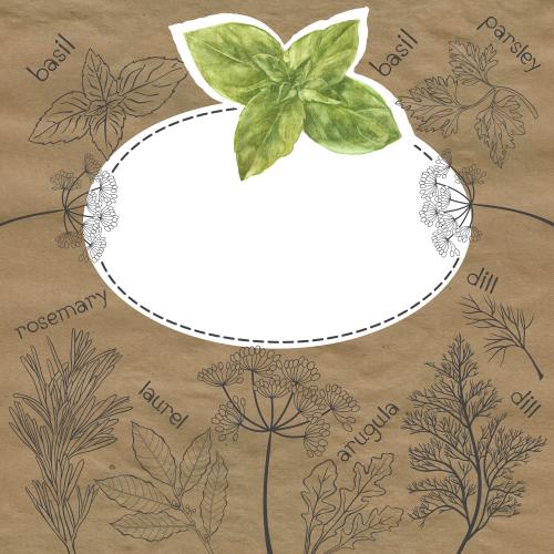 Raster image white oval frame with watercolor basil contours of culinary herbs and their names on craft