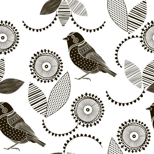 Illustration decorative birds, flowers and leaves on white