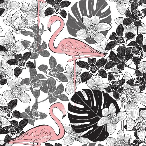 Orchid. Vector pink flamingos monochrome orchids and monstera leaves on white