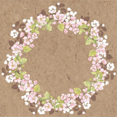Illustration flowers and apple tree leaves, round frame-wreath on craft