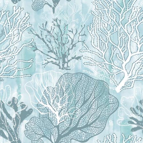 Underwater plant. Vector Pattern corals, algae on blue watercolor