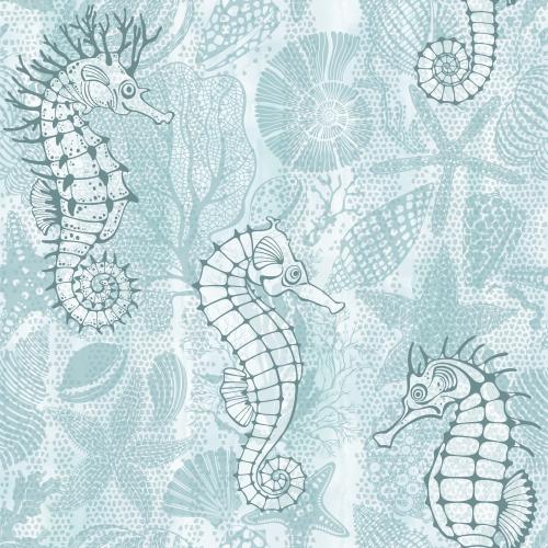 Scallop. Vector sea horses, sea stars, shells, nautilus, sea urchin, corals, algae on a blue watercolor mosaic