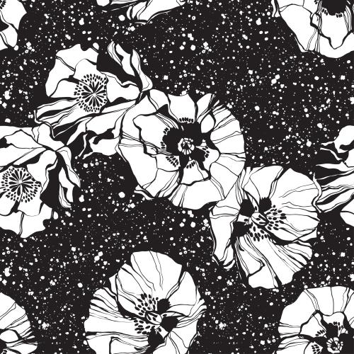 Blot. Vector white silhouettes of poppies decorative spots on black