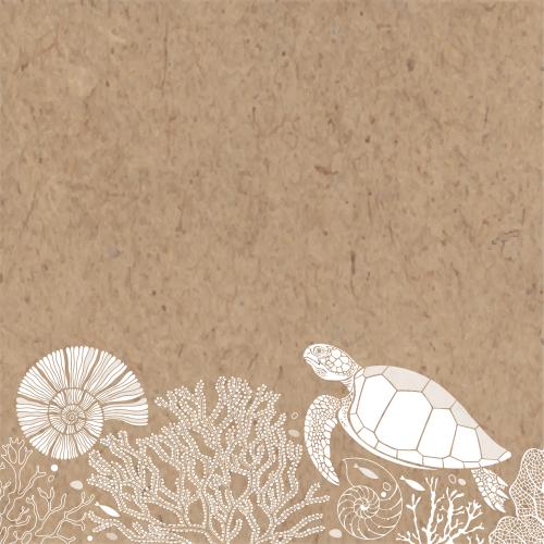 Turtle. Vector tortoise, nautiluses, corals, algae, place for text on craft
