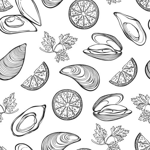 Vector image mussels, slices and slices of lemon, parsley sprigs on white