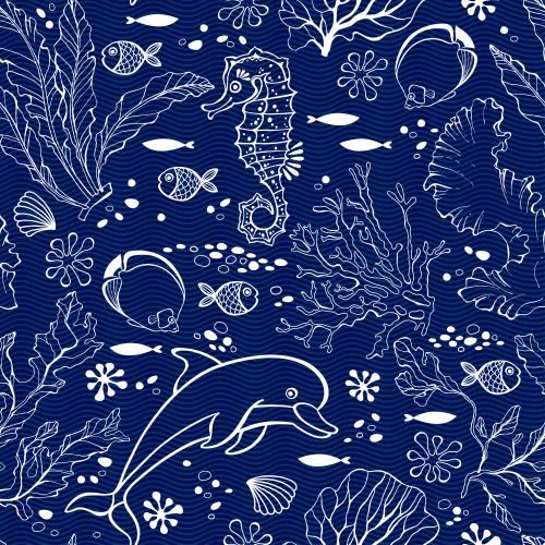 Shell. Vector dolphin seahorse fish sea weeds and corals waves on blue