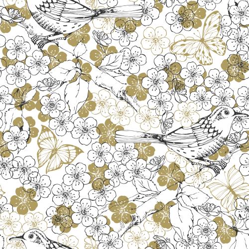 Floral. Vector birds on blooming branches, butterflies on white