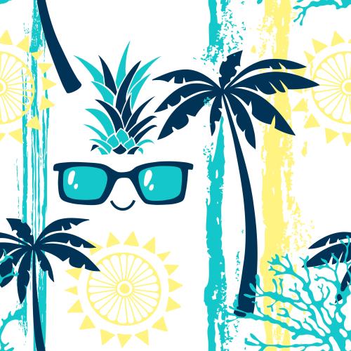 Beach. Vector cartoon character with sunglasses palm trees sun corals colorful textured stripes on white