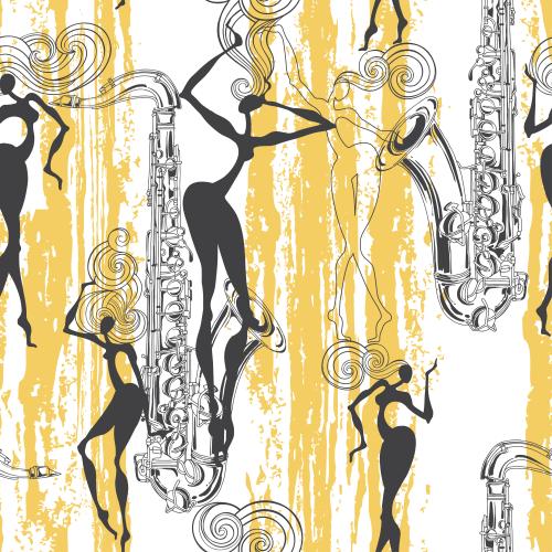 Vector image saxophones dancing women textured yellow stripes on white