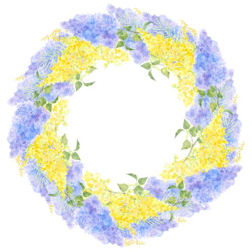 Lilac. Vector watercolor lilac and mimosa round frame on white