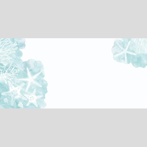 Vector image sea stars, corals, algae, shells on blue watercolor fragments, space for text on white