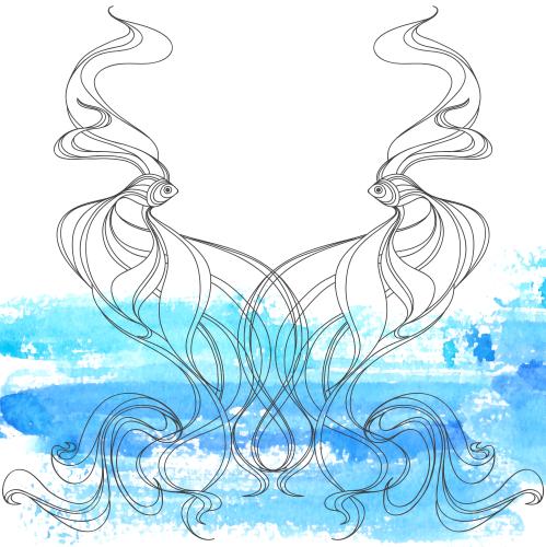 Vector image nautical theme composition with decorative fish, waves, watercolor fragment on white