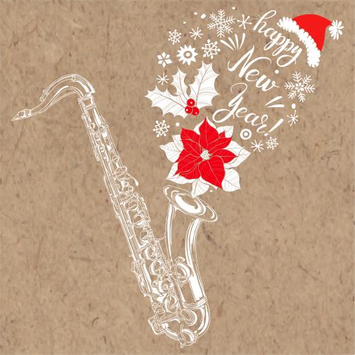 Item. Vector saxophone snowflakes sharp leaf poinsettia new year hat and happy new year wish winter composition on craft paper