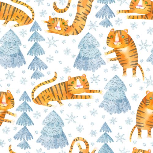 Tiger. Vector watercolor cartoon tigers fir trees and snowflakes on white