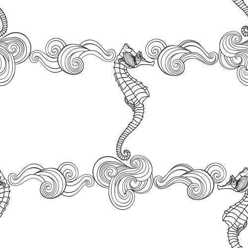 Vector image seahorses and decorative waves on white