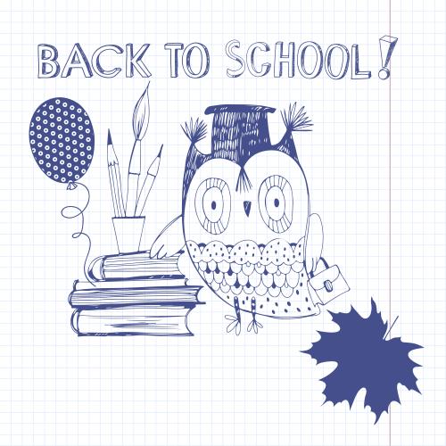 Notebook. Vector cartoon owl school supplies back to school text on grid paper