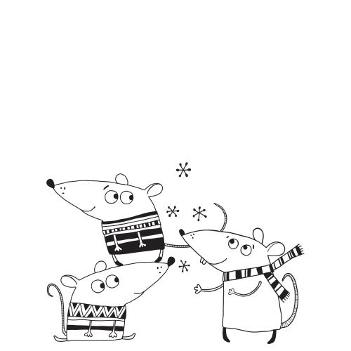 Mouse. Vector three cartoon mice, snowflakes, space for text on white