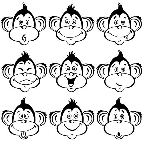 Monkey. Vector cute monkey faces with various emotions on white