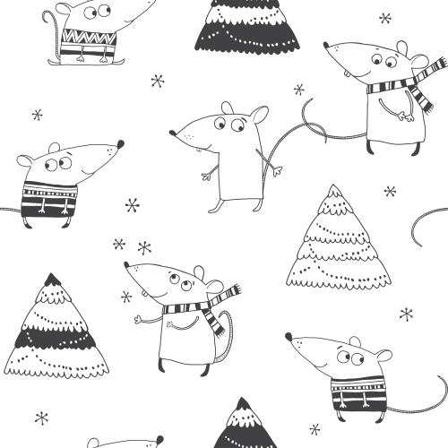 Snowman. Vector cartoon rats festive trees and snowflakes on white