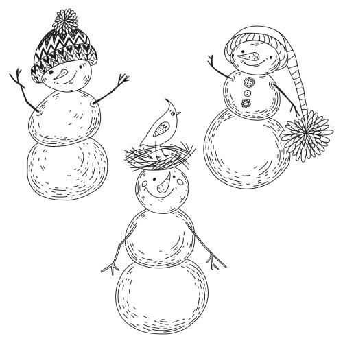 Snowman. Vector three cartoonish cute snowmen on white