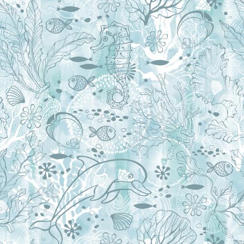 Dolphin. Vector dolphin seahorse fish marine creatures seaweed and corals on blue watercolor