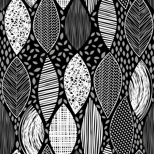 Vector image abstract striped polka dot checkered leaves on black