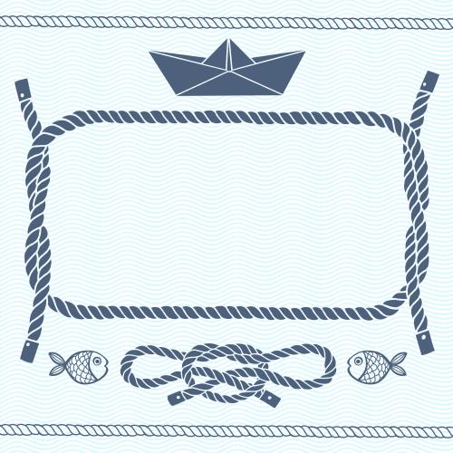 Rope. Vector rectangular frame made of sea ropes with text area, ropes, paper ship, marine knot, fish on blue waves