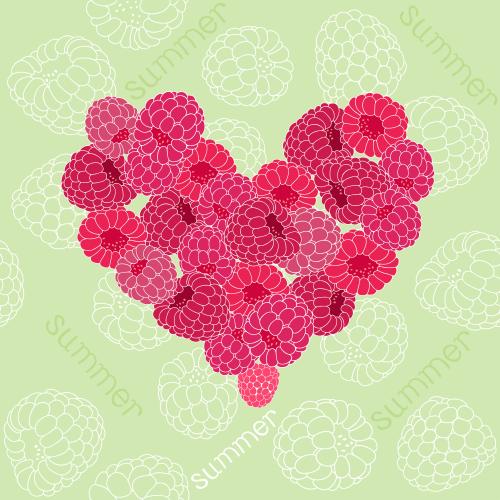 Heart. Vector raspberries, raspberries in the shape of a heart, summer inscription on green