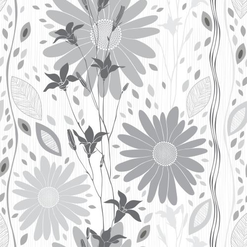 Chamomile. Vector daisies bells abstract leaves wavy lines on white striped