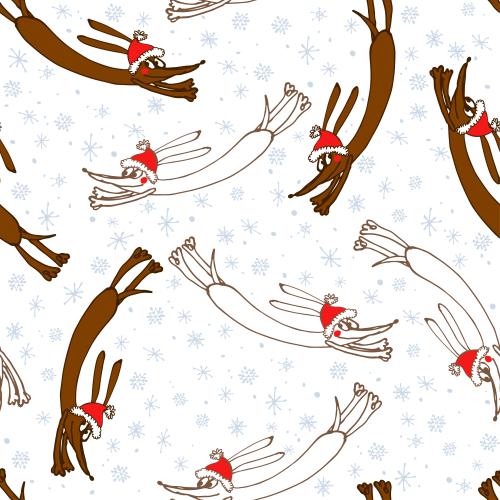 Dog. Vector Pattern cartoon running dogs in new years hats on white with snowflakes