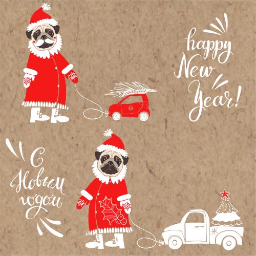 Christmas tree. Vector cute mops in ded moroz costumes with toy cars