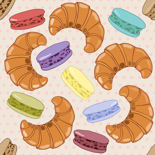 Vector for tableware Printing croissants and multicolored macarons
