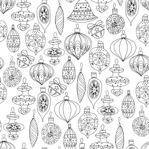 Toys. Vector monochrome christmas tree ornaments on white scandi style