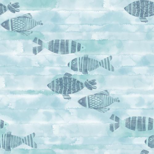 Raster image cartoonish watercolor fish on blue watercolor