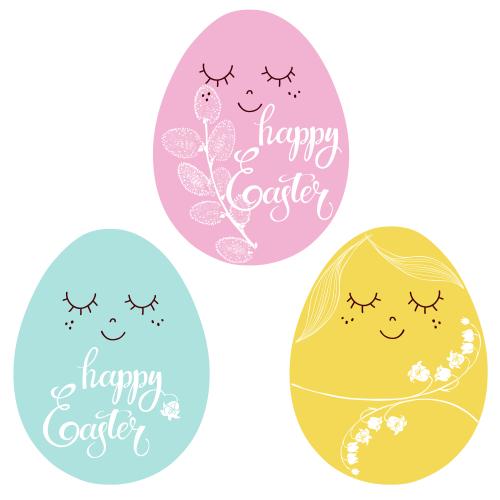 Willow. Vector three multicolored cartoon easter eggs with lilies of the valley willow and happy easter inscriptions