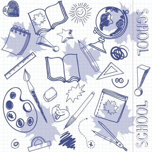 Notebook. Vector drawing-sketch of school supplies on a grid notebook sheet