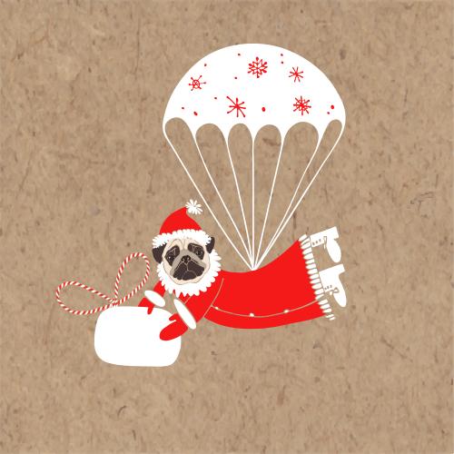 Balloon. Vector cute pug in santa costume with a gift descending on a parachute