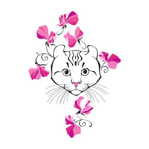 American curl. Vector american curl cat cute face and sweet pea flowers on white