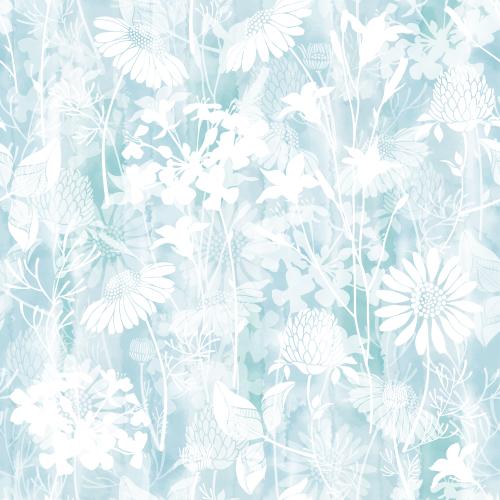 Vector image silhouettes of field flowers: daisies, clover, rapeseed, bellflowers on blue watercolor
