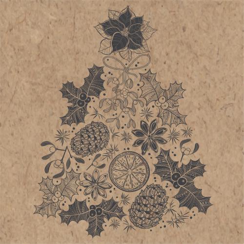 Floral. Vector stylized christmas tree made of christmas plants cones and spices on craft