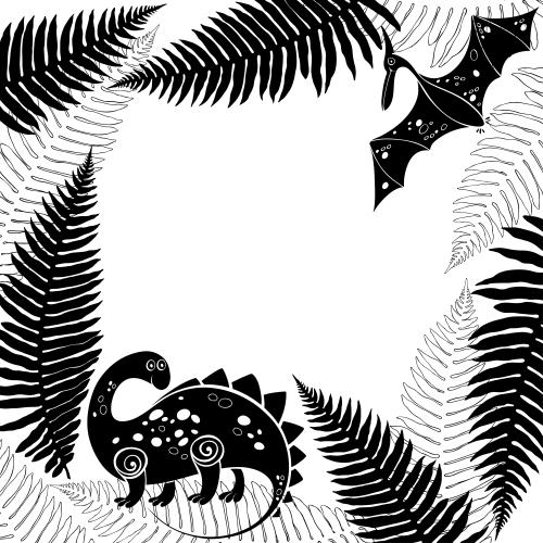 Square. Vector square frame with cartoon dinosaur pterodactyl and ferns on white
