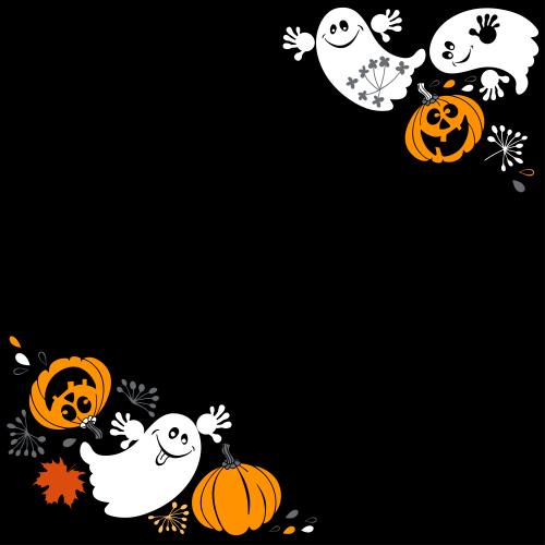 Autumn. Vector cute ghosts happy pumpkins leaves text area on black corner composition