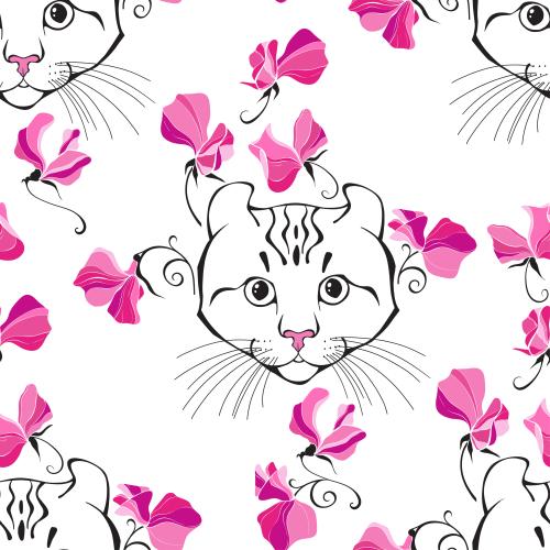 American curl. Vector american curl cat, cute faces and sweet pea flowers on white