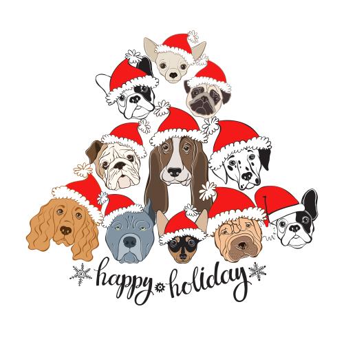 Vector image cute dog faces in new year hats and happy holiday text on white