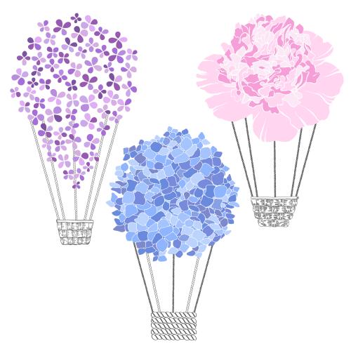 Balloon. Vector flower air balloons, hydrangea, peony, lilac, colorful silhouettes on white