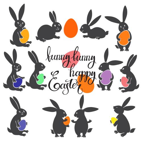 Paskhalia. Vector cute easter rabbits with multicolored eggs on white