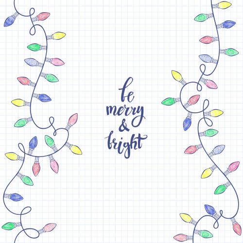 Vector image multicolored bulb garlands, message "be merry and bright" on grid notebook paper