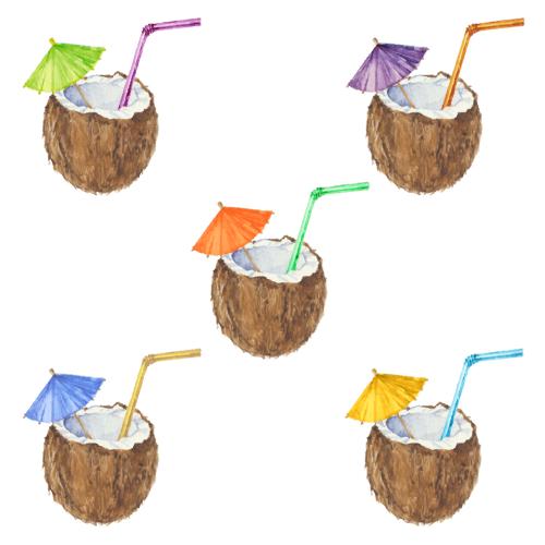 Fruit. Vector coconut cocktails with colorful cocktail straws and umbrellas on white