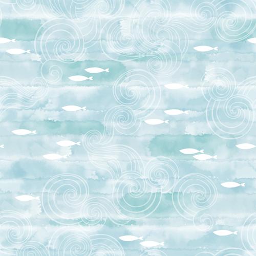 Illustration decorative waves, fish on blue watercolor