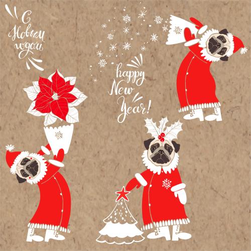 Snowflake. Vector three cartoon poodles in costumes of ded moroz